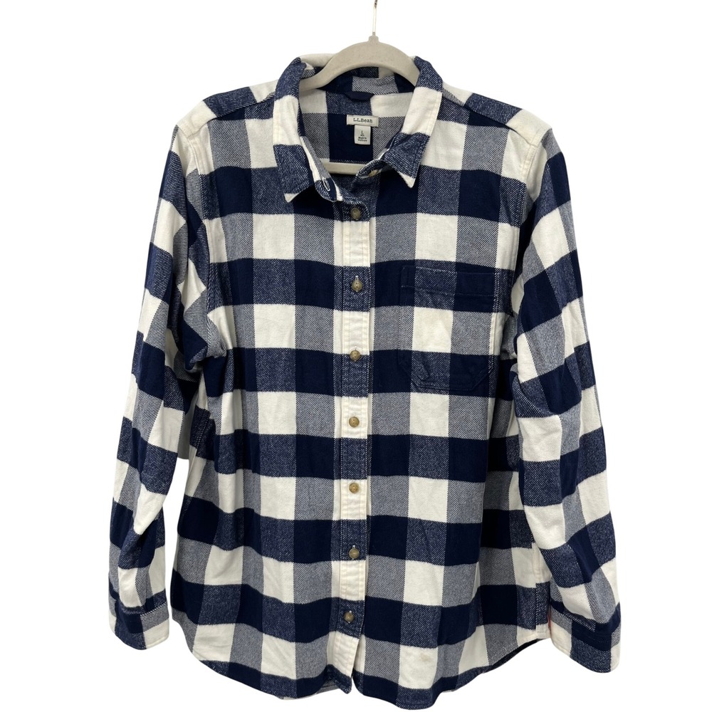 L.L.Bean Men's Blue White Check Organic Cotton Heavy Flannel Shirt Size L‎